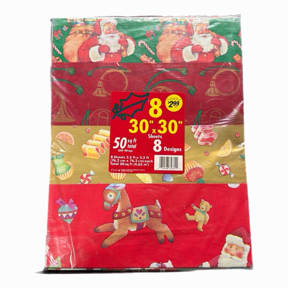 VTG NOS Cleo Christmas Wrapping Paper 50 Sq/Ft Flat Gift Wrap 8 Sheets, Designs